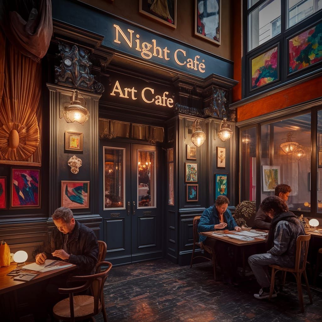 Inviting Art Cafe with Glowing Neon Sign