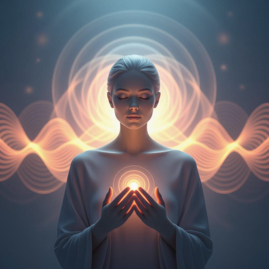 Serene Human Figure in Ethereal Harmonic Waves