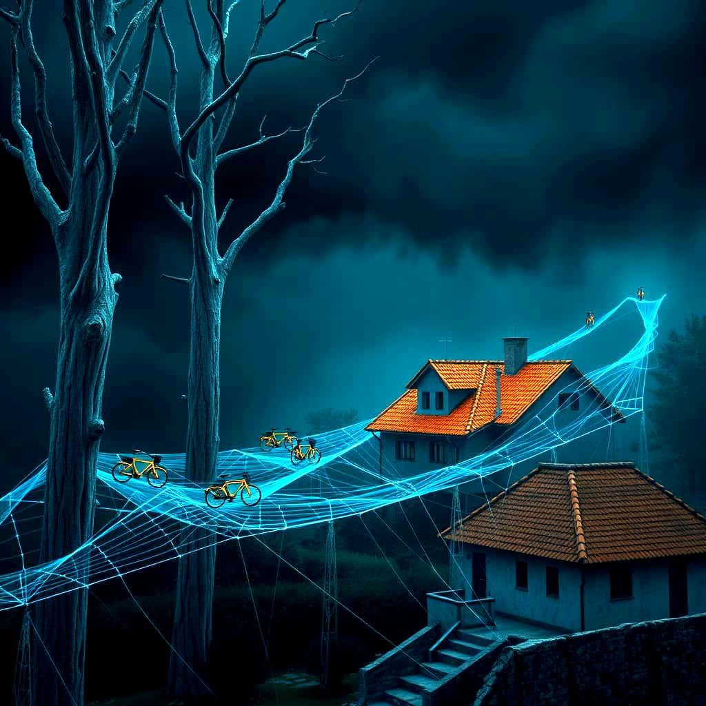 Surreal Cityscape with Bicycles on Spiderwebs