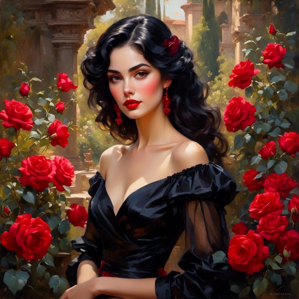 Elegant Dark-Haired Woman in Rose Garden