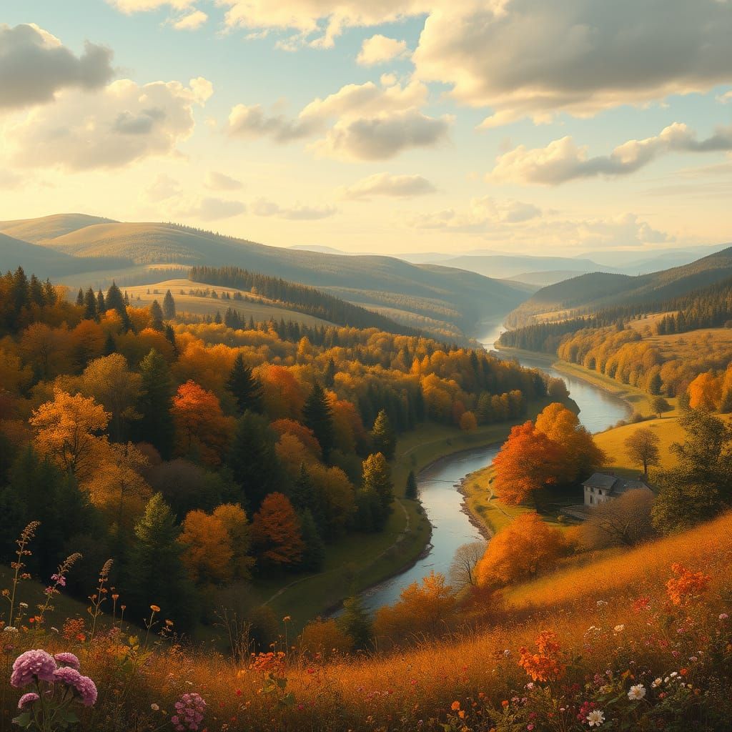 Ethereal Autumn Countryside in Art Nouveau Style