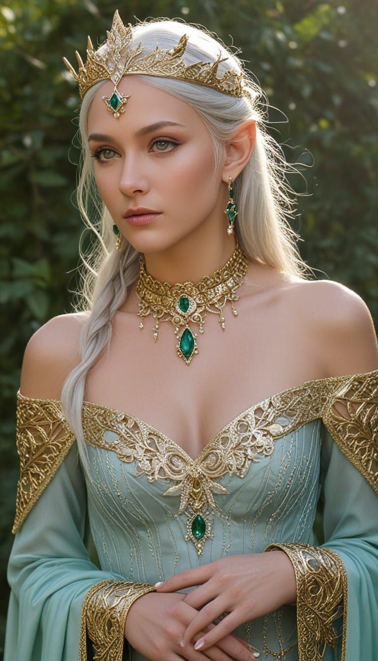Regal Elven Princess in Platinum and Gold Attire