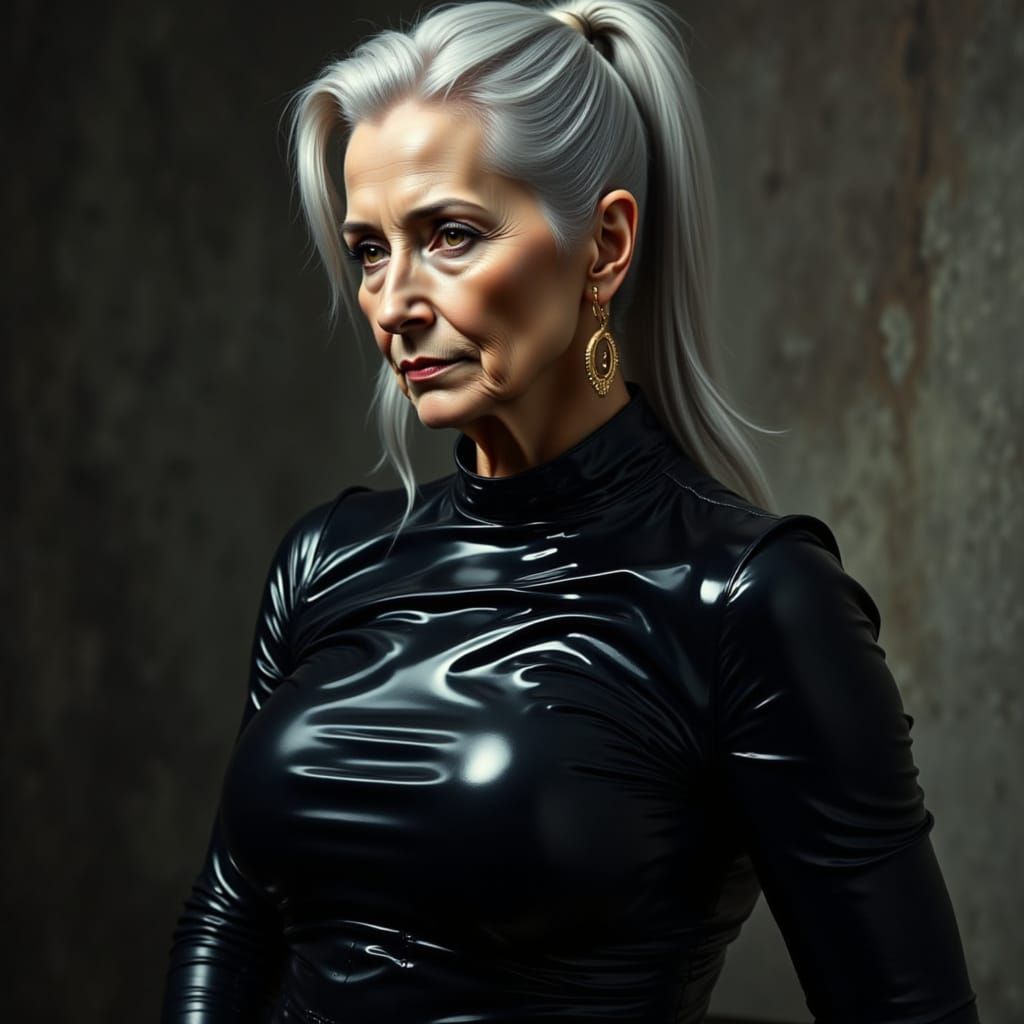Elegant Elderly Woman in Glossy Black PVC Catsuit