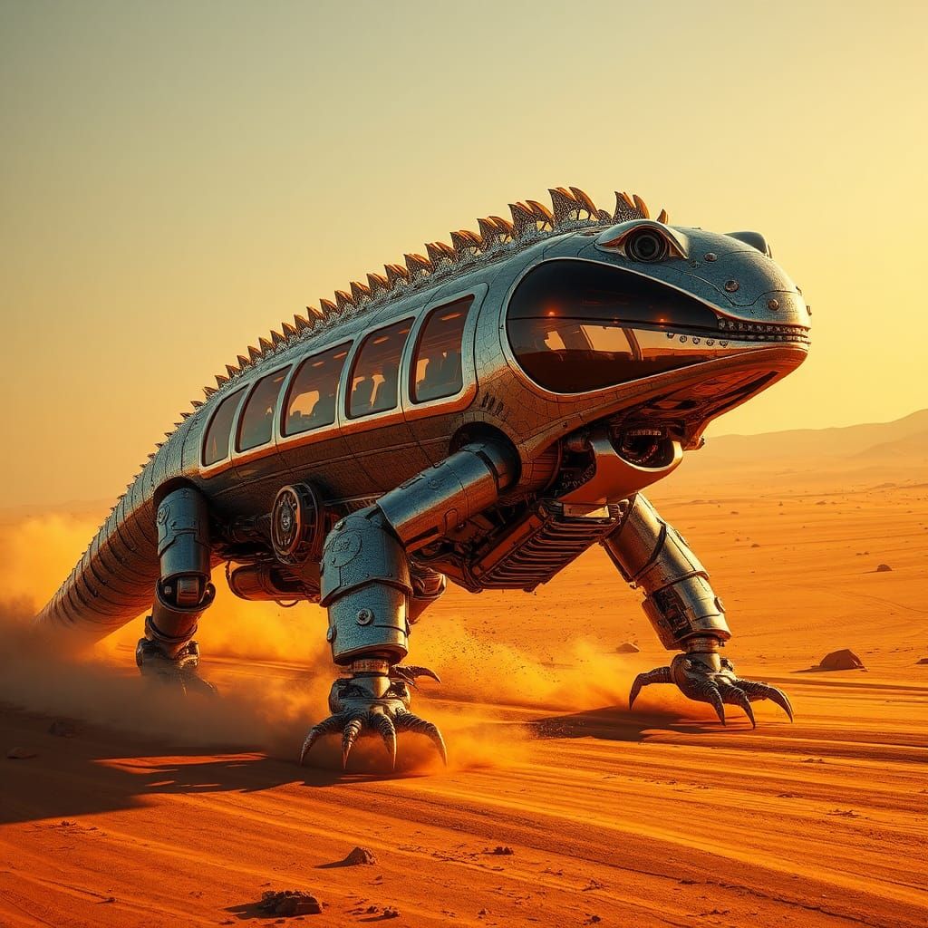Robotic Lizard Bus Glimmering in Desert Sun