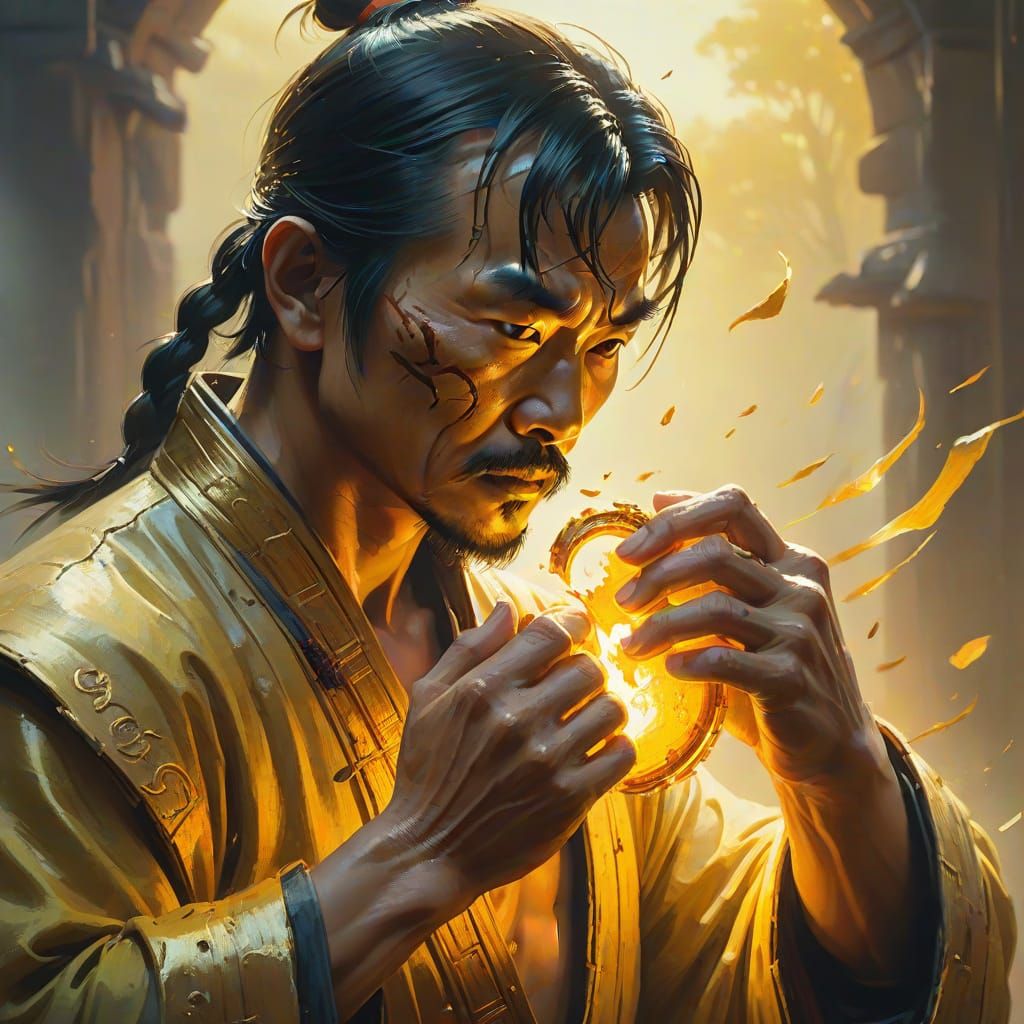 Kung Fu Master Glues Broken Heart in Oil Painting