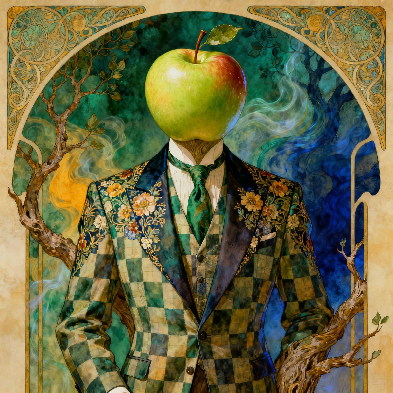 Art Nouveau Anthropomorphic Apple in Regal Attire