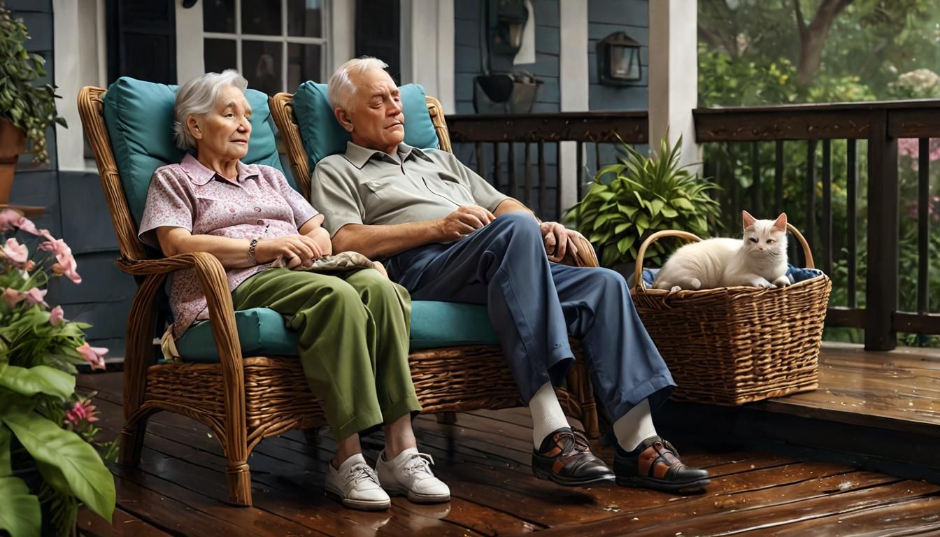 Elderly Couple Relaxing on Porch in Gentle Rain