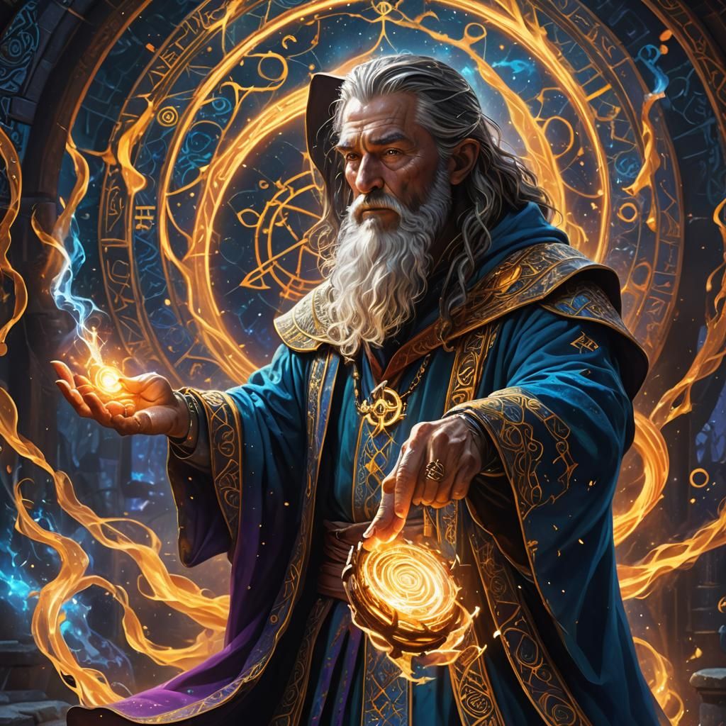 Wizard Casting Spell with Glowing Runes in Fantasy Art