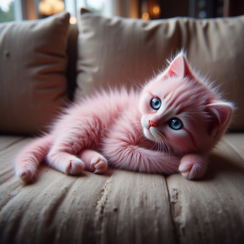 Cute Pink Kitty Lounging on Couch in Non-Realistic Style