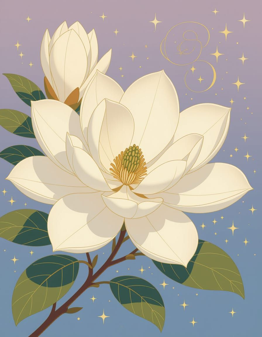 Magnolia in Vintage Anime Style with Golden Patterns