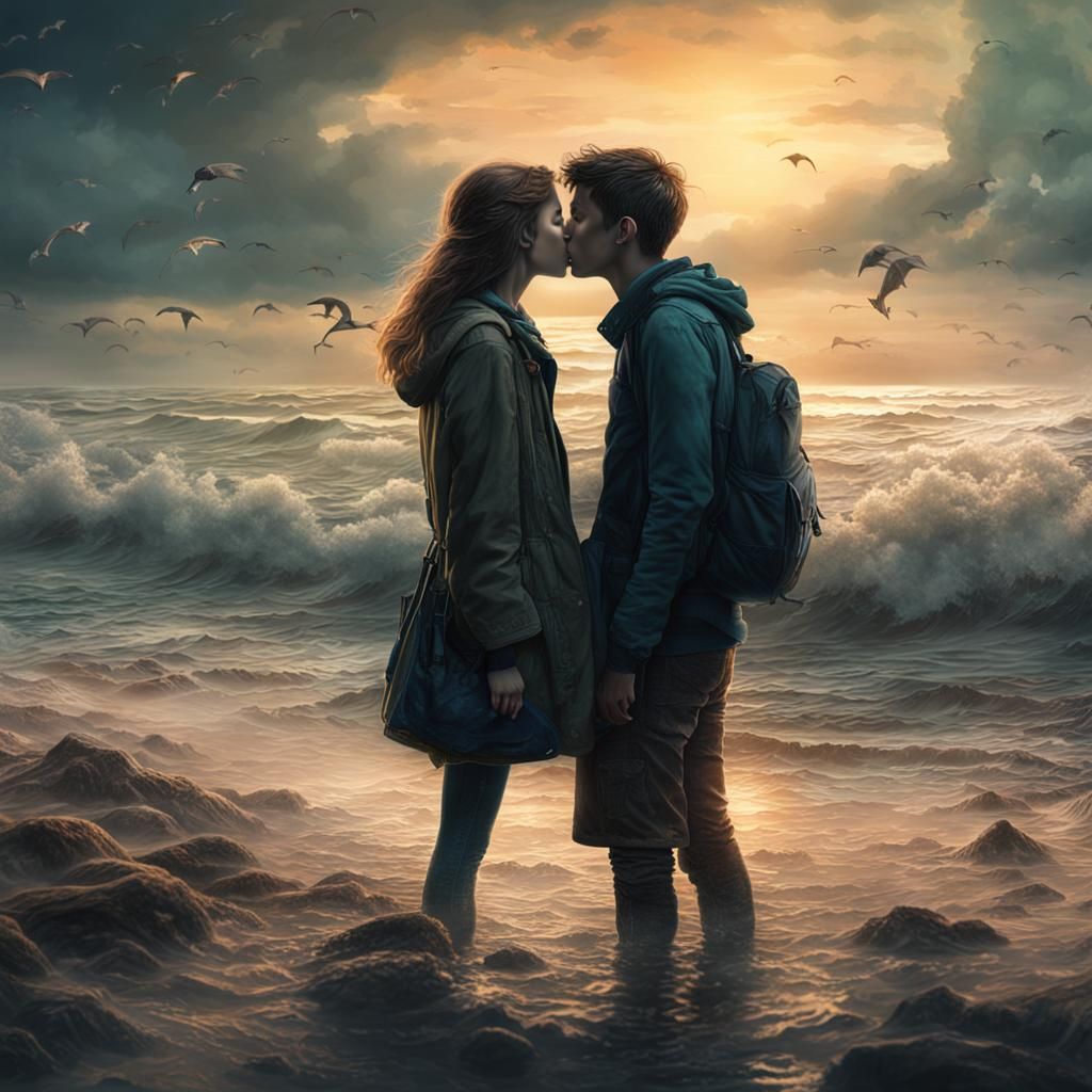 Romantic Beach Kiss After Sea Disaster