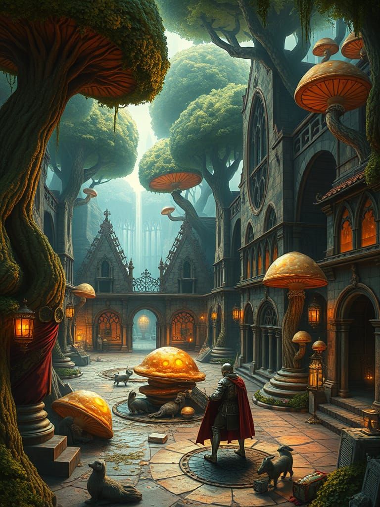 Surreal Medieval Courtyard with Inverted Trees