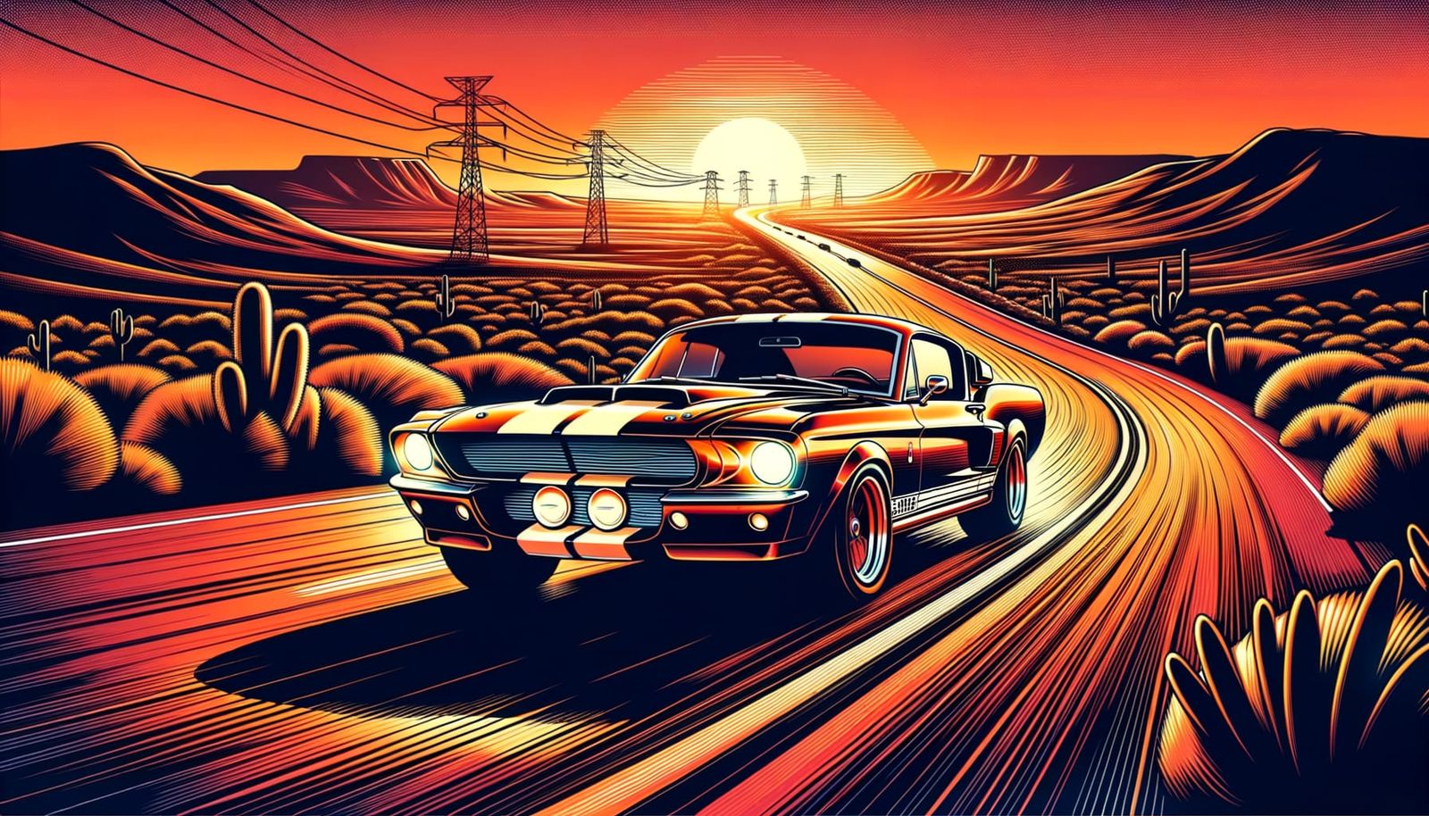 A 1967 Shelby GT500 driving down a desert highway at sunset,...
