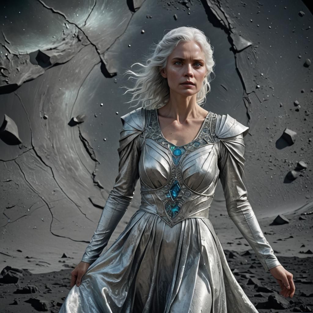 Lunar Woman in Silver Dress: Hyperrealistic Concept Art