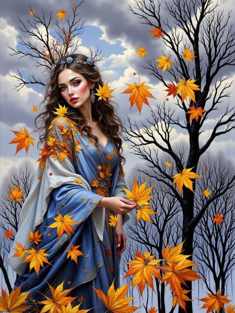 Ethereal Autumn Goddess Holds Single Leaf in Gray Sky