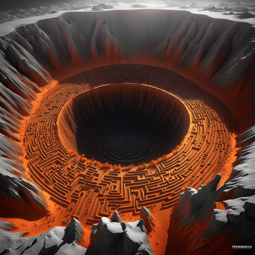 Luminescent Labyrinth in Crater: Dark Fantasy Concept Art