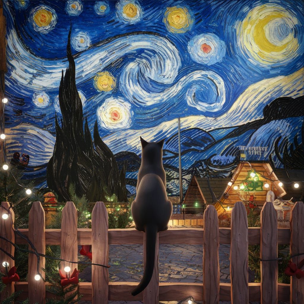 Black Cat Gazes at Starry Night Christmas Village