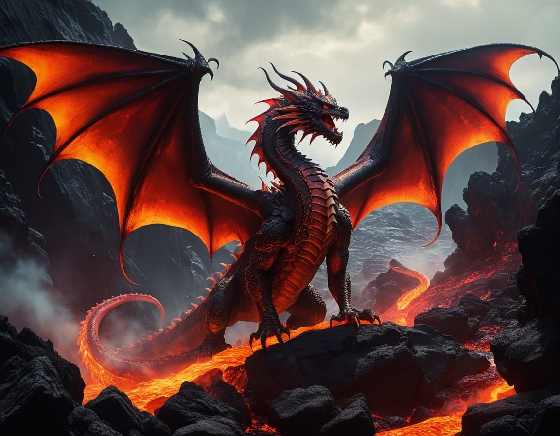 Majestic Red Dragon in Volcanic Landscape