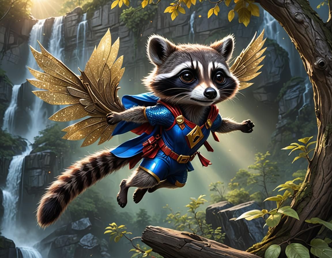 Raccoon Superhero Rescues Girl at Waterfall in Cartoon Style