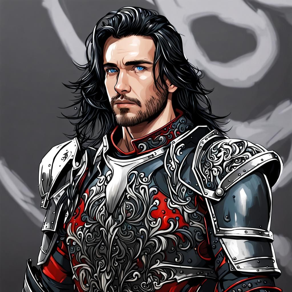 Handsome Man with Black Hair and Red Armor