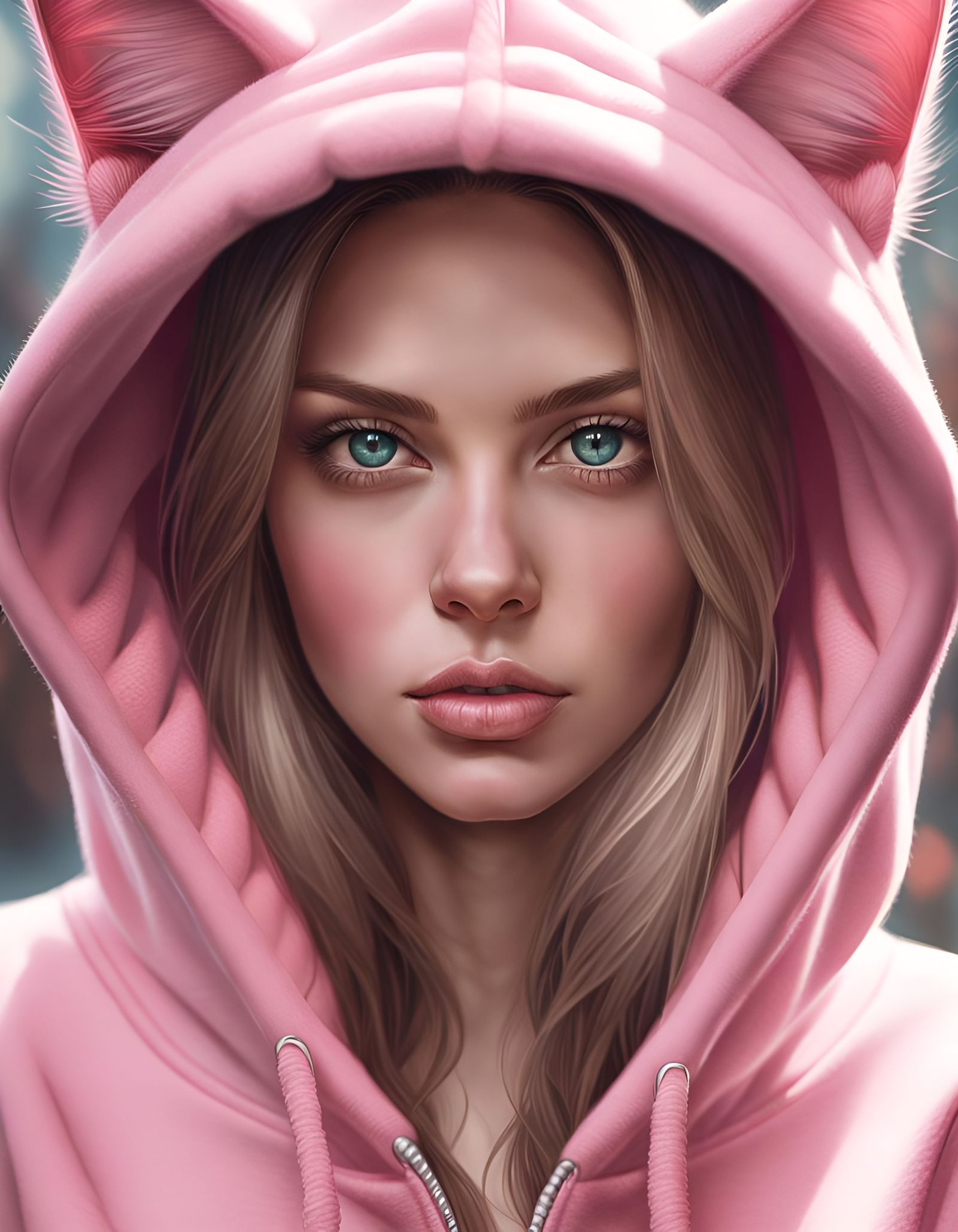 Woman in Pink Hoodie: Hyper-Detailed Digital Art