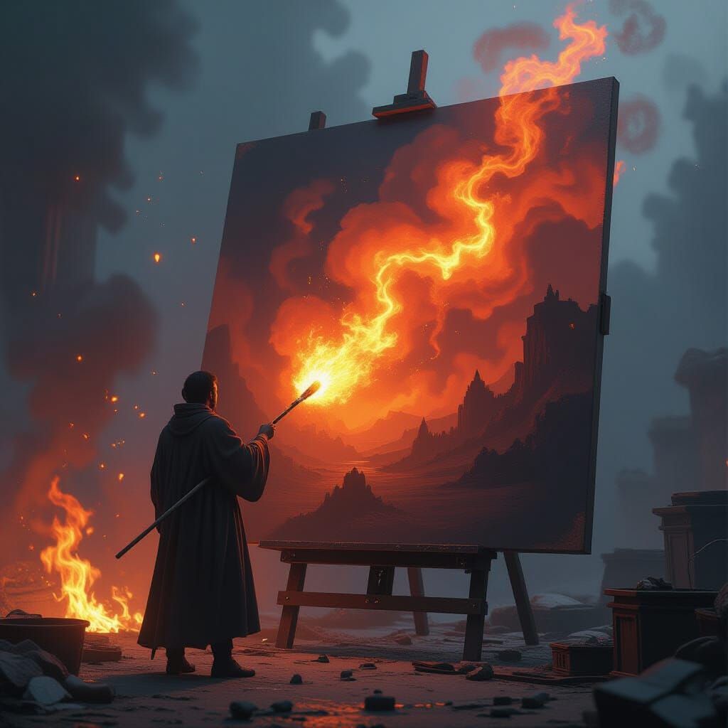 Fiery Brushstroke: Artist Painting an Exploding Canvas