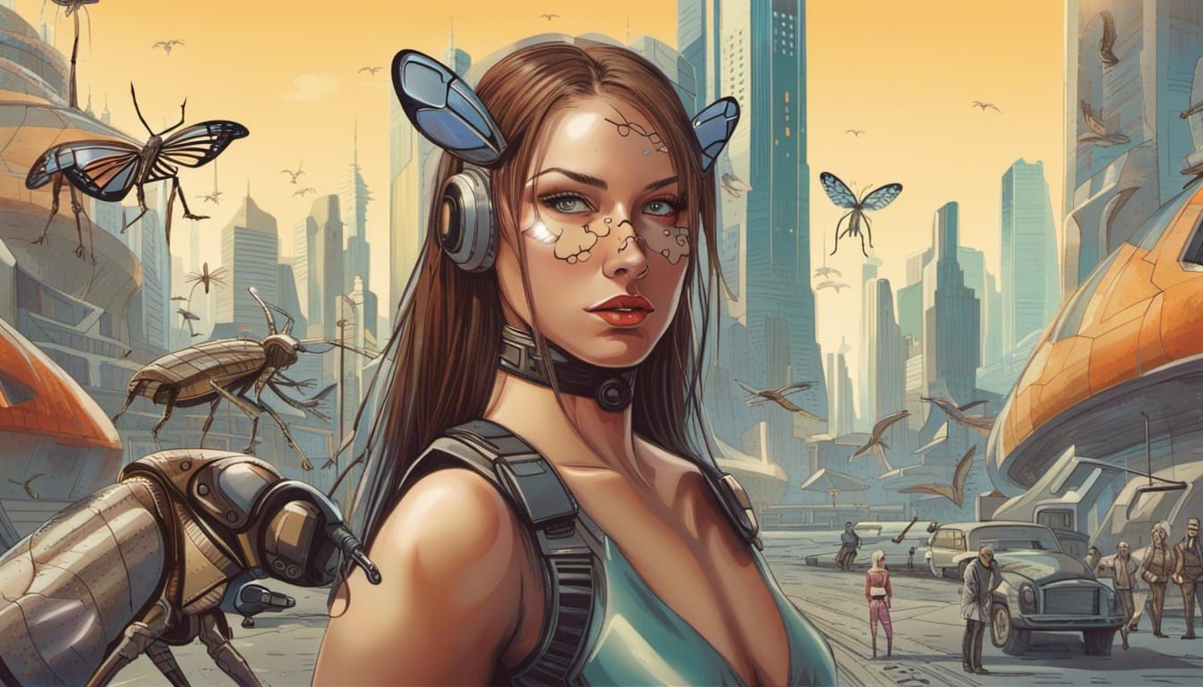 Futuristic Woman-Insect Hybrid Hunting in Cyberpunk City