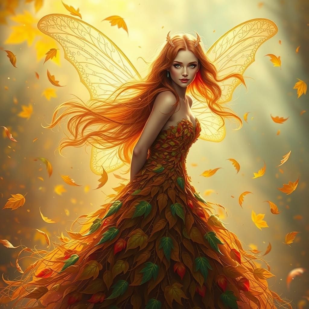 Autumn Fairy in Blustery Landscape, Pre-Raphaelite Style