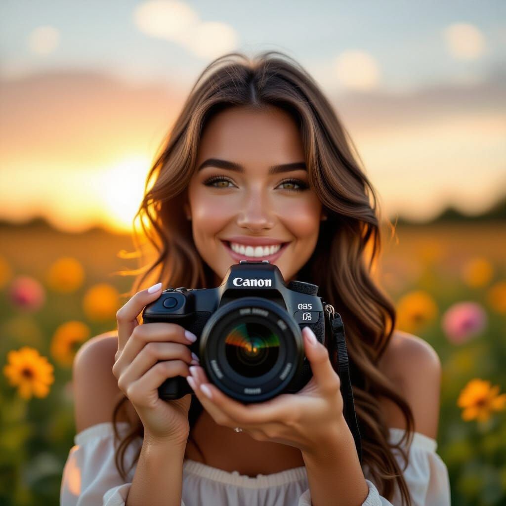 Woman with Camera in Flower Field, 3D Render