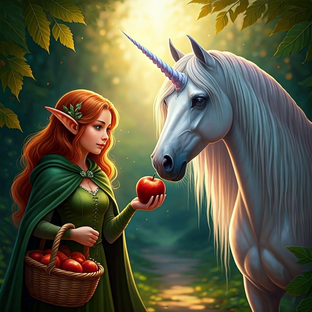 Whimsical Elf Maiden Offers Apple to Majestic Unicorn in Enc...