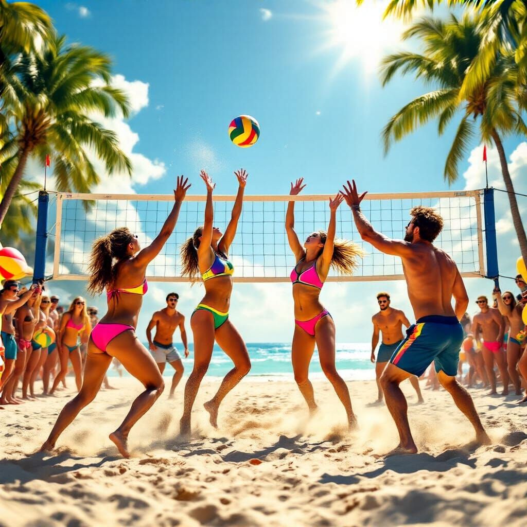 Dynamic Beach Volleyball Match on Tropical Beach