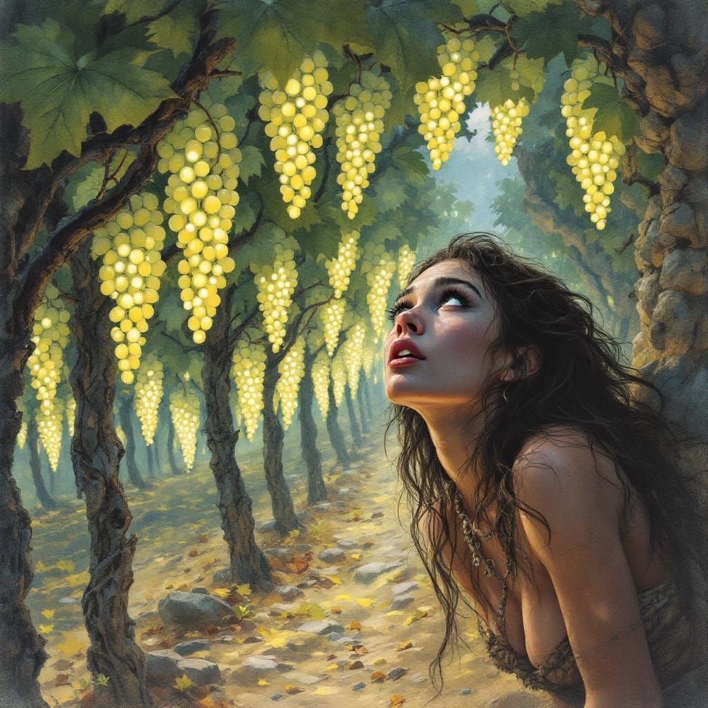 Cavewoman Discovers Enchanted Vineyard of Glowing Grapes