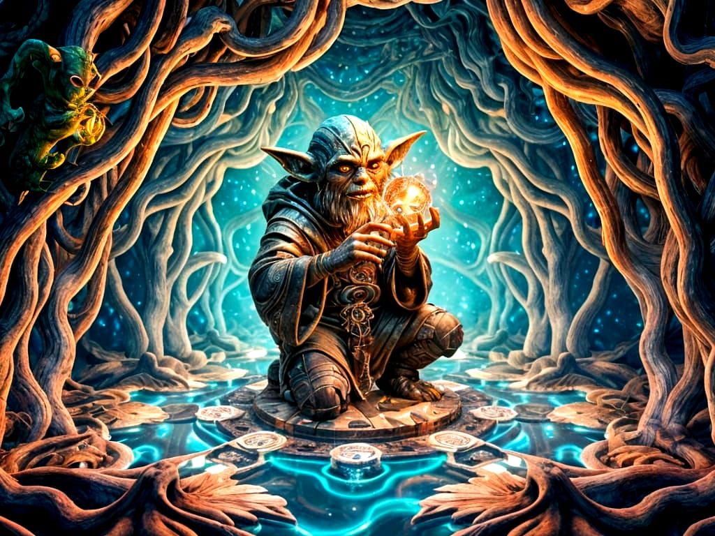 Goblin Trapped in a Metallic, Bioluminescent Landscape