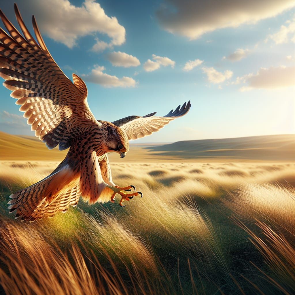 Falcon in Flight over Golden Steppe Landscape