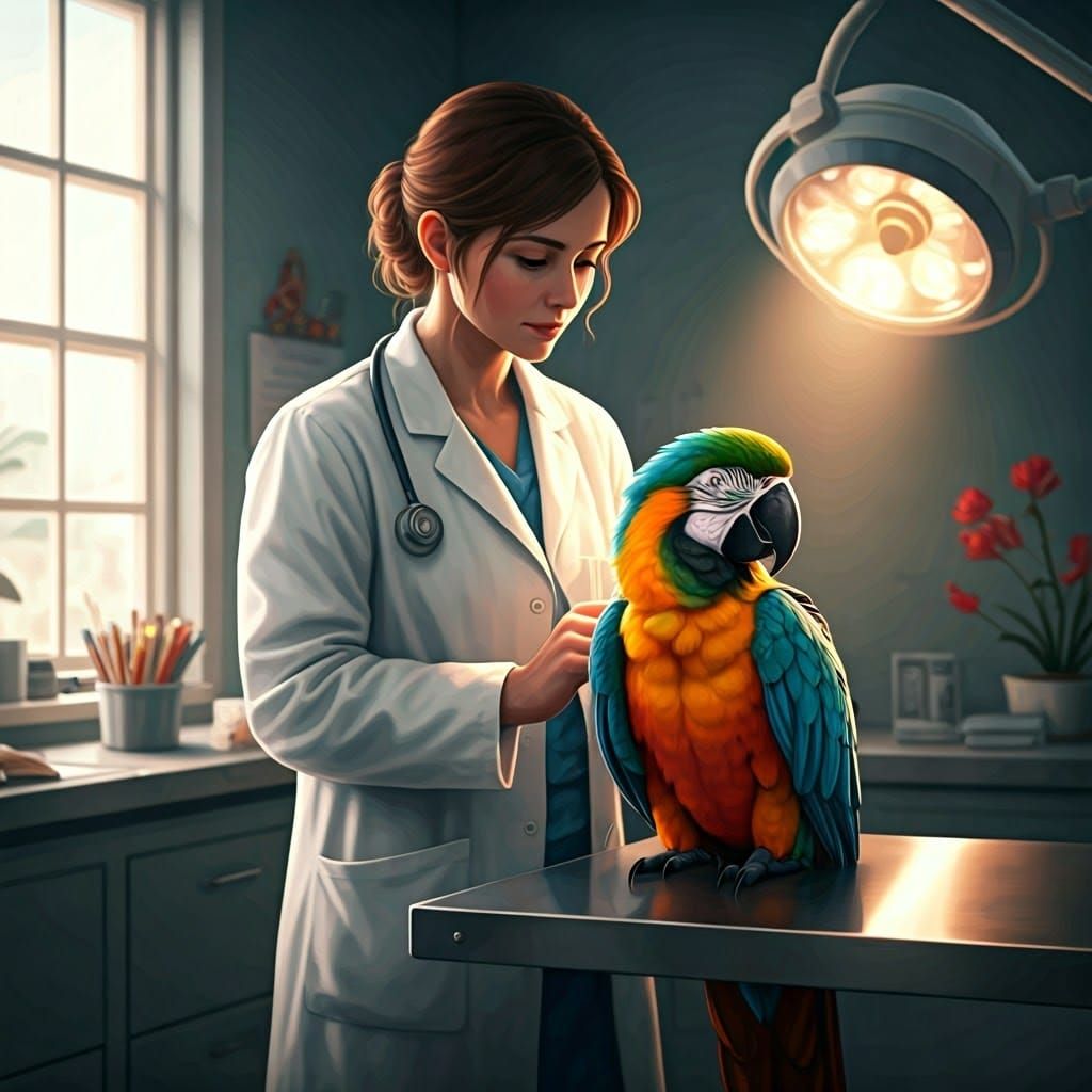 Veterinarian Tending to Parrot in Impressionistic Realism