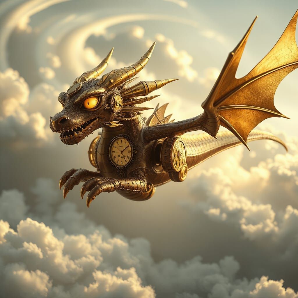 A majestic steampunk dragon, crafted from polished brass and dark wood, soars through a swirling cloudscape. Intricate g...