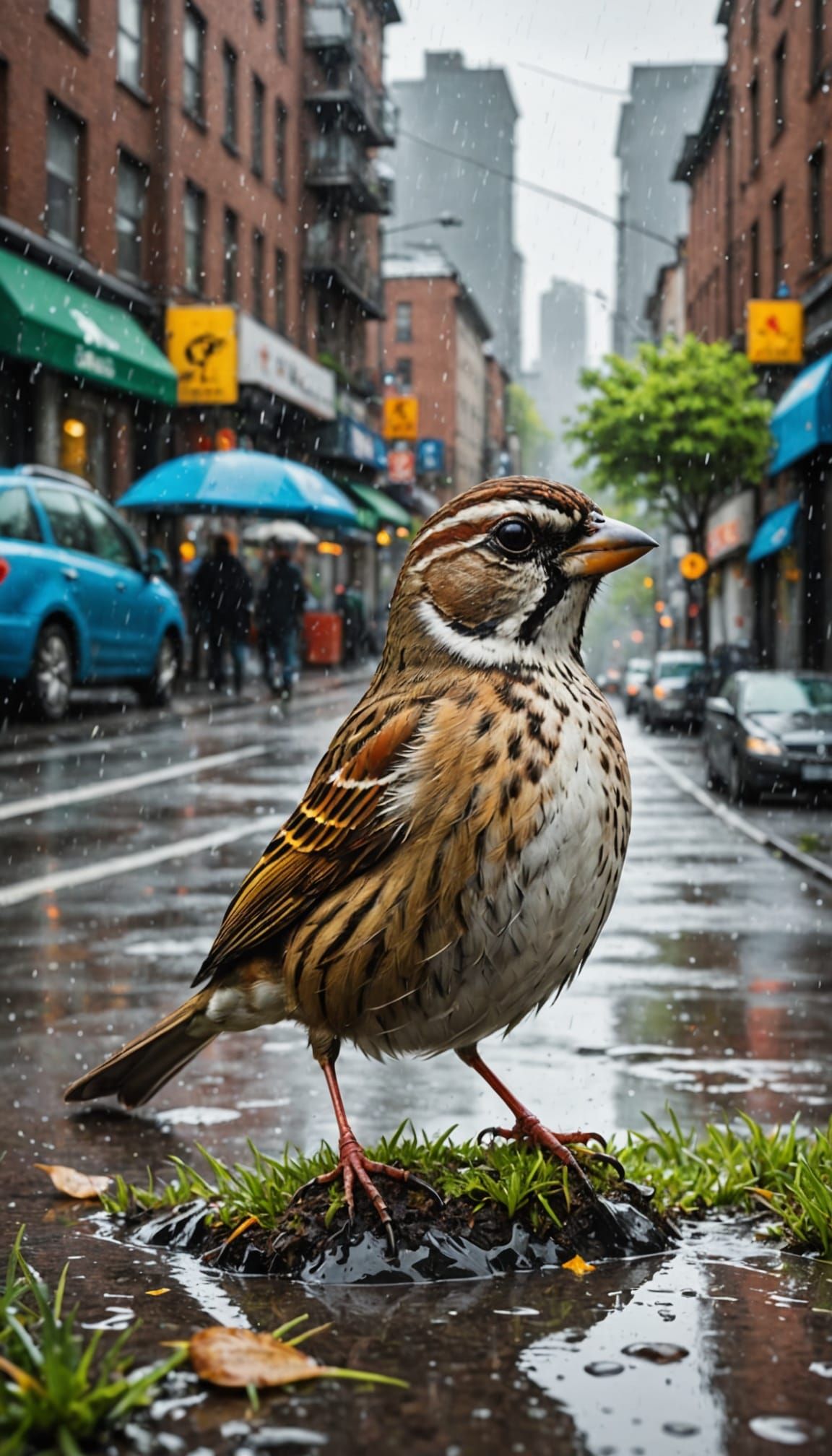 Urban Park in Spring Rain with Sparrow and Graffiti Art
