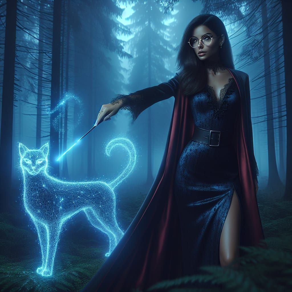 Mystical Forest Scene: Woman with Magical Familiar