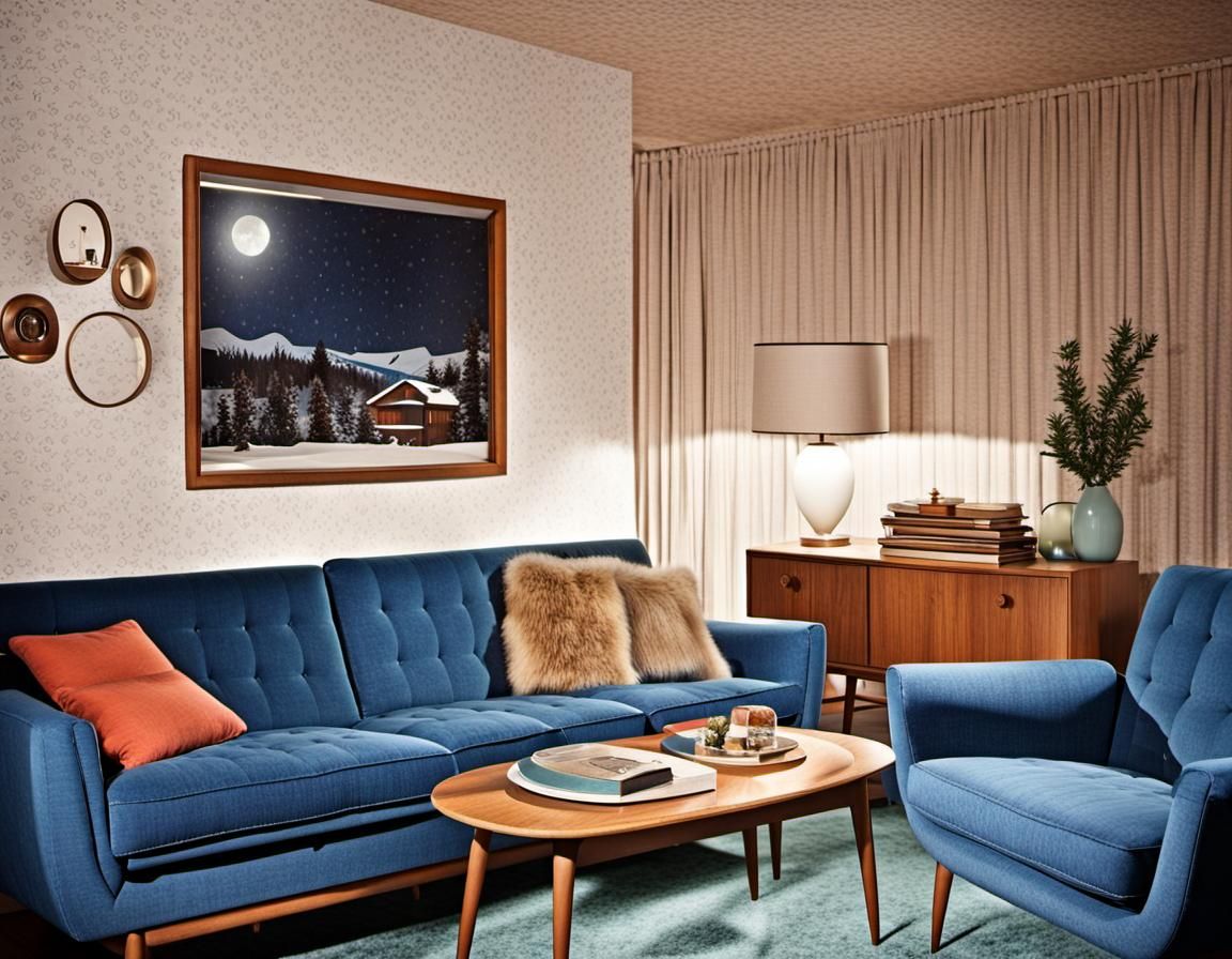 Cozy Midcentury Living Room at Night in 1960s Style