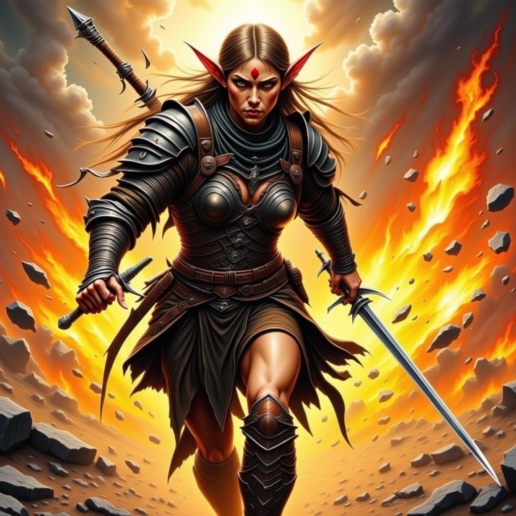 Elf Warrior Rushes into Battle in Fantasy Art Style