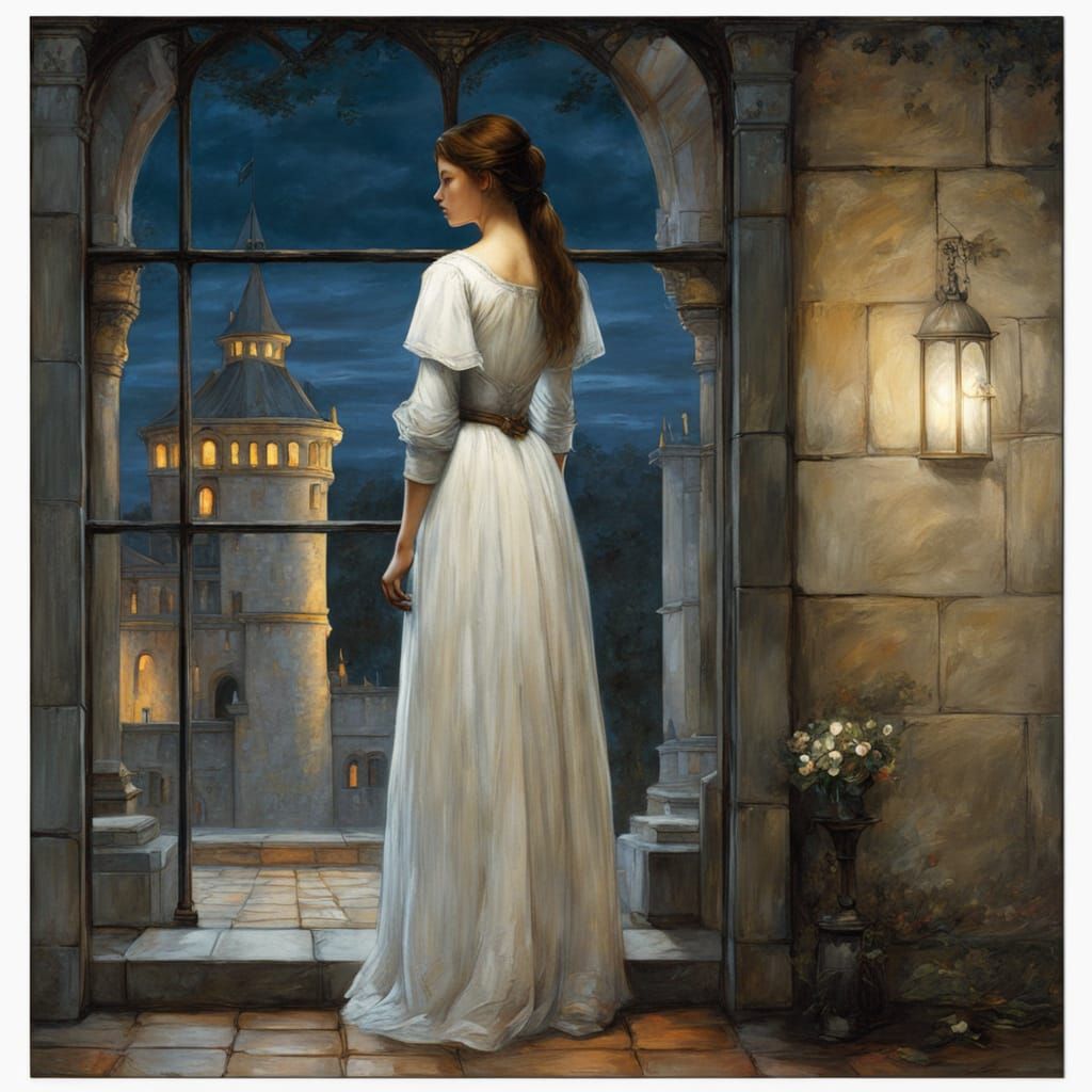 Woman in White Gown Before Gloomy Castle at Night