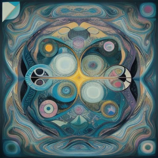 Surrealist River with Geometric Shapes in Deep Blues