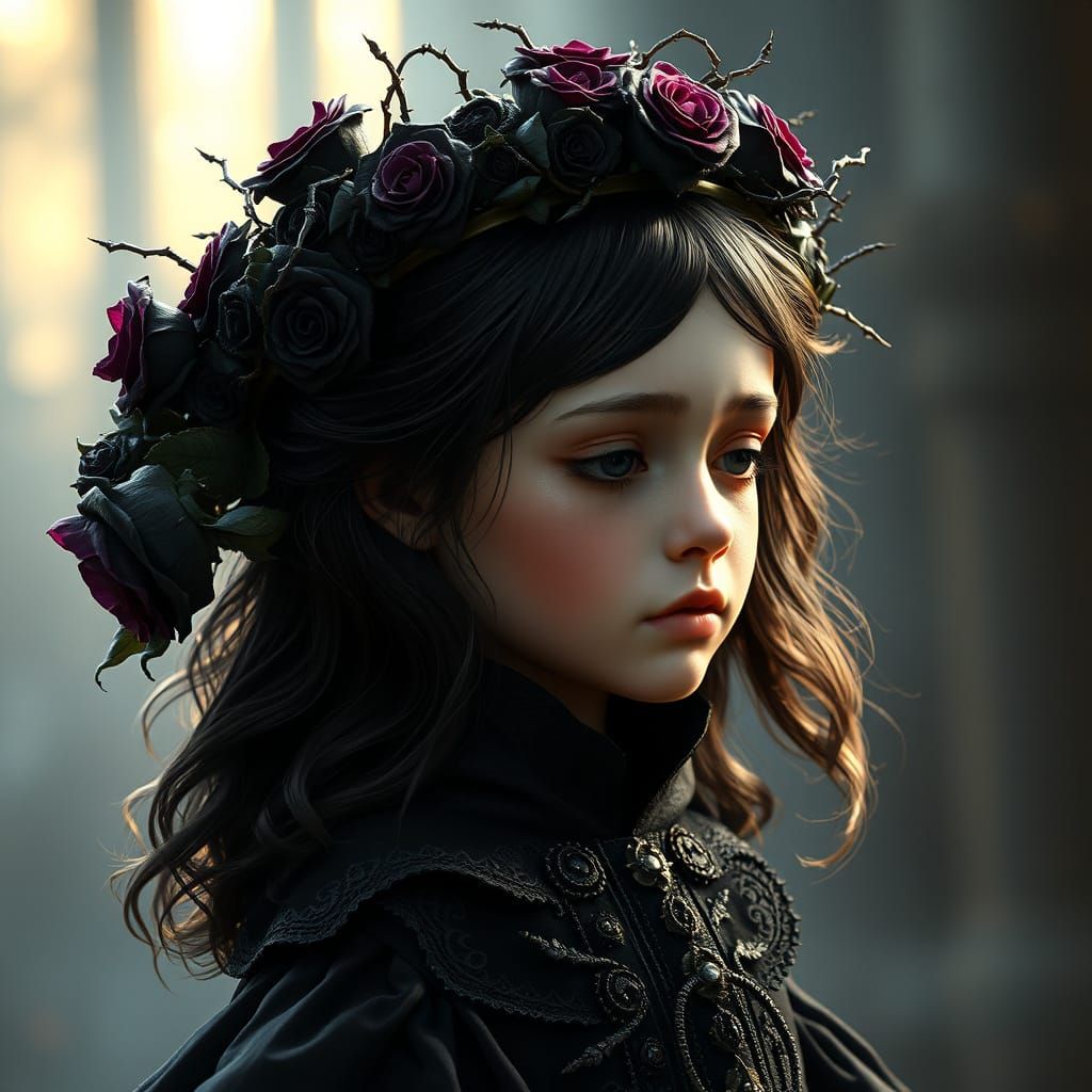 Dark Fantasy Maiden in Black Gown with Thorns and Roses