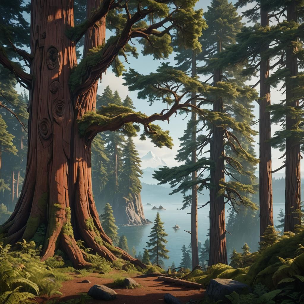 Redwood Tree with Puget Sound: Fantasy Concept Art