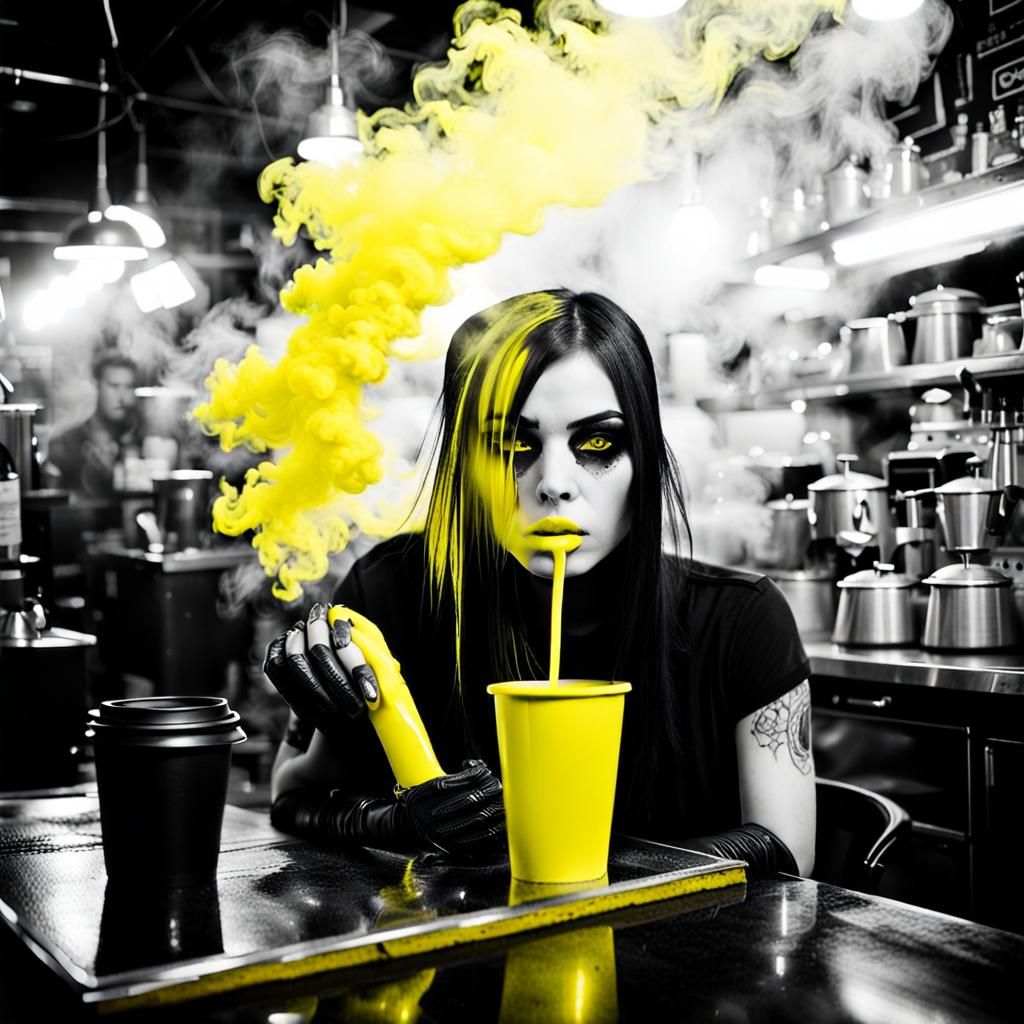 Goth Model in Neon-Lit Coffee Shop: Black and White