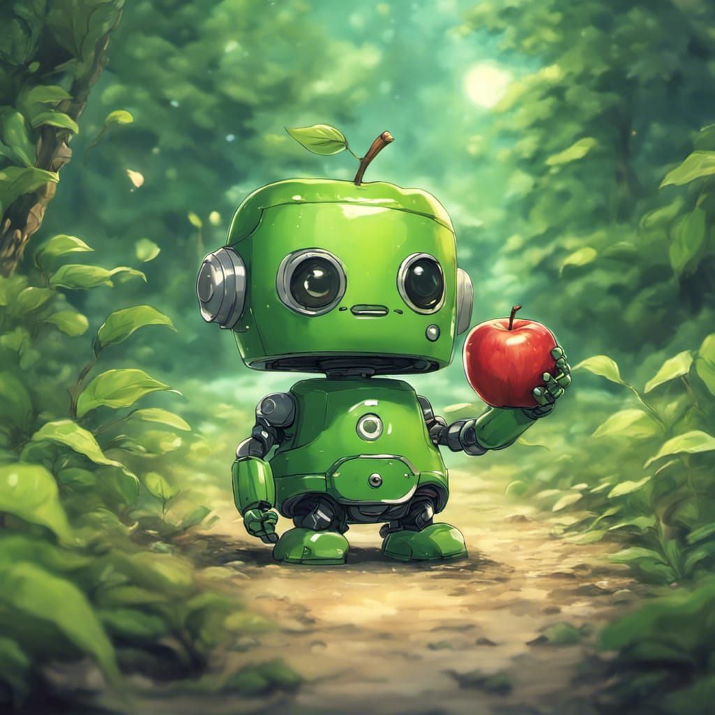Chibi Kawaii Robot with Apple, Anime Style