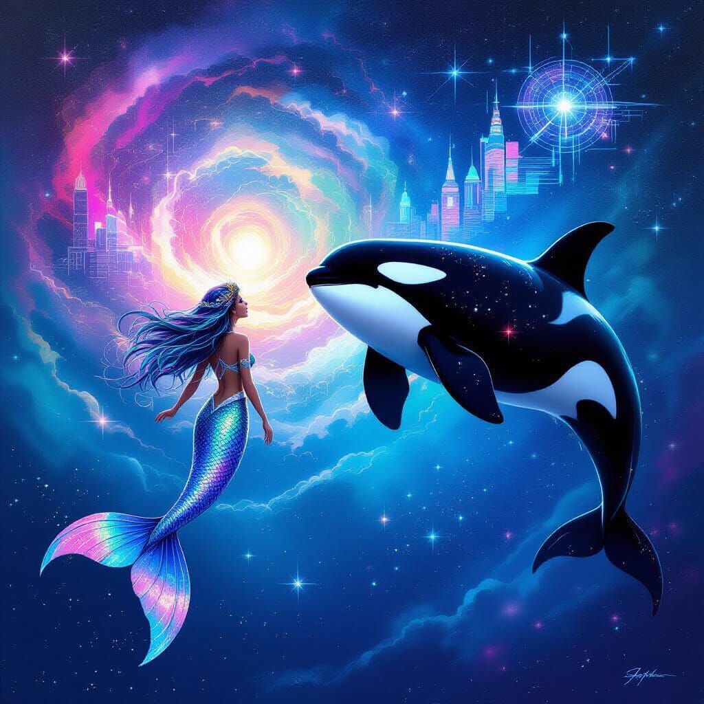 Mermaid and Orca in Cosmic Nebula, Geometric Neon Style