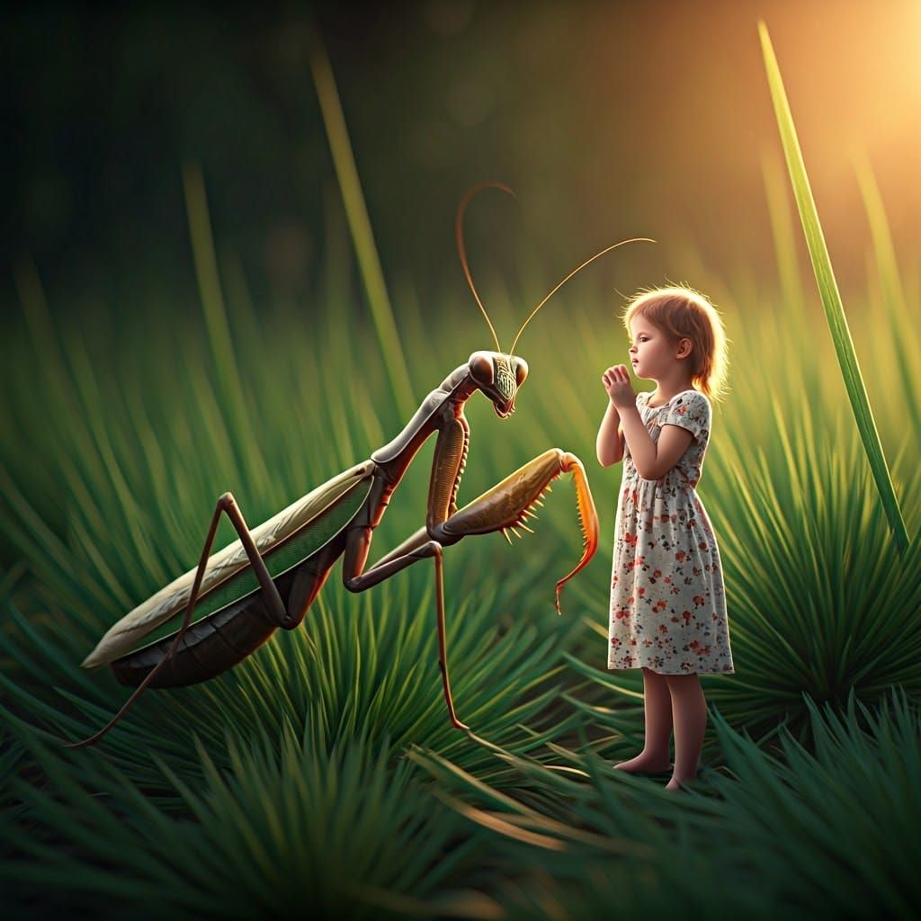 Praying Mantis and Girl in Dreamlike Realism