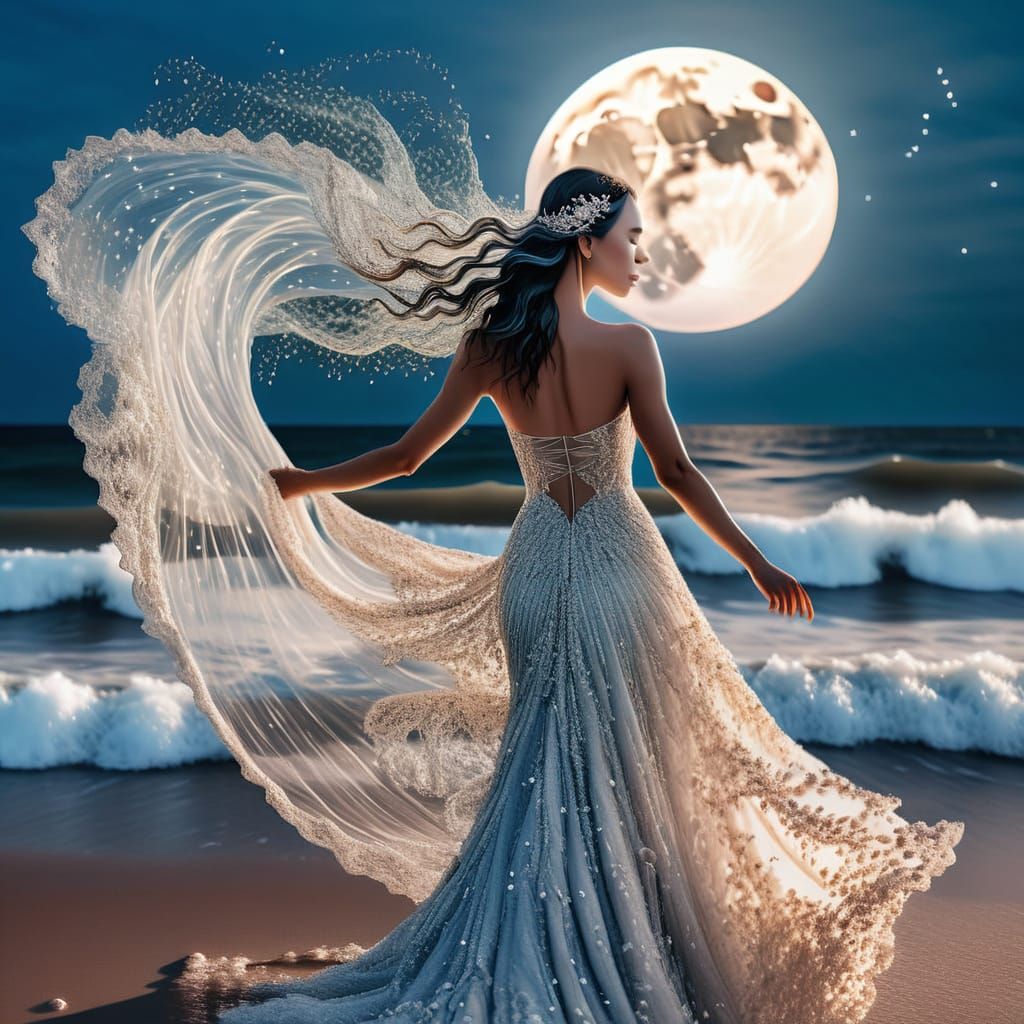 Extreme wide shot of breathtakingly beautiful woman, adorned...