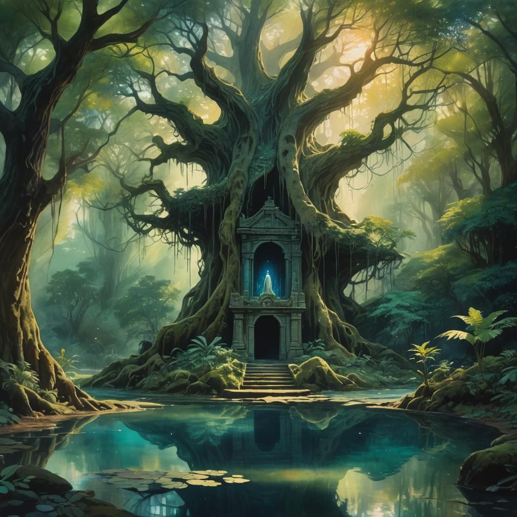 Mystical Forest Temple with Glowing Tree: Anime Style